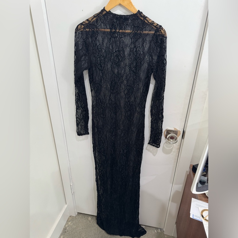 Good American Black Sheer Lace Long Sleeve Maxi Robe - Picture 3 of 5